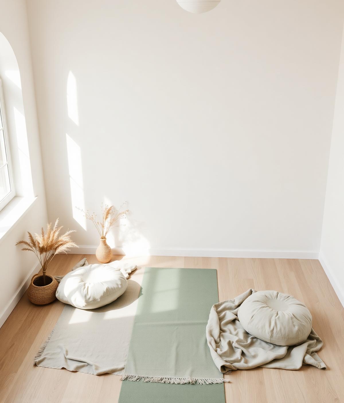 A serene Australian wellness studio with linen mats and morning light